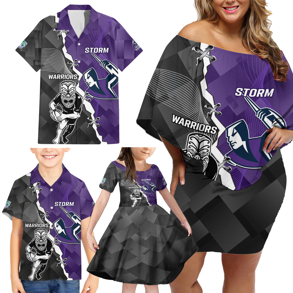 personalised-storm-and-warriors-rugby-family-matching-off-shoulder-short-dress-and-hawaiian-shirt-2023-sporty-style
