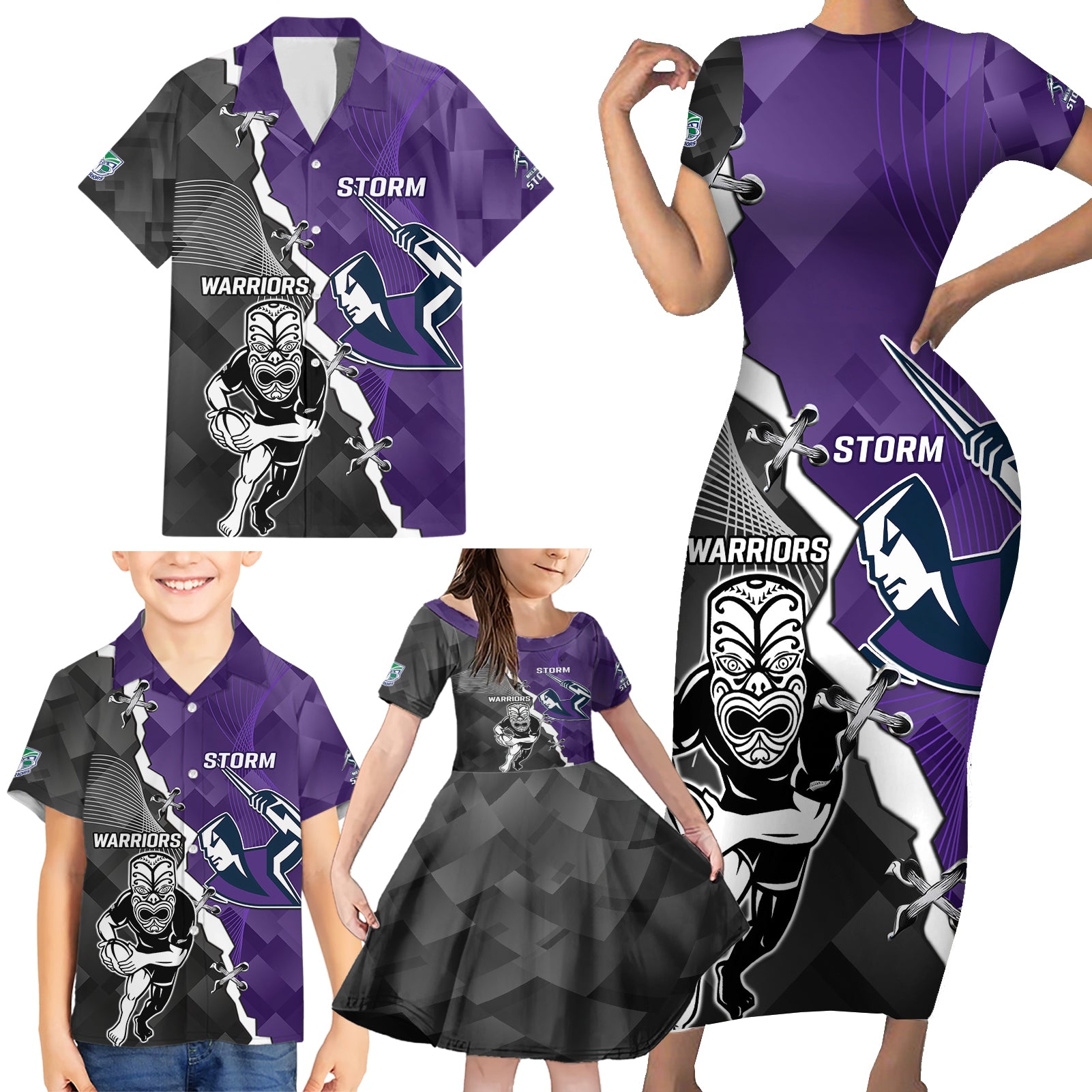 personalised-storm-and-warriors-rugby-family-matching-short-sleeve-bodycon-dress-and-hawaiian-shirt-2023-sporty-style