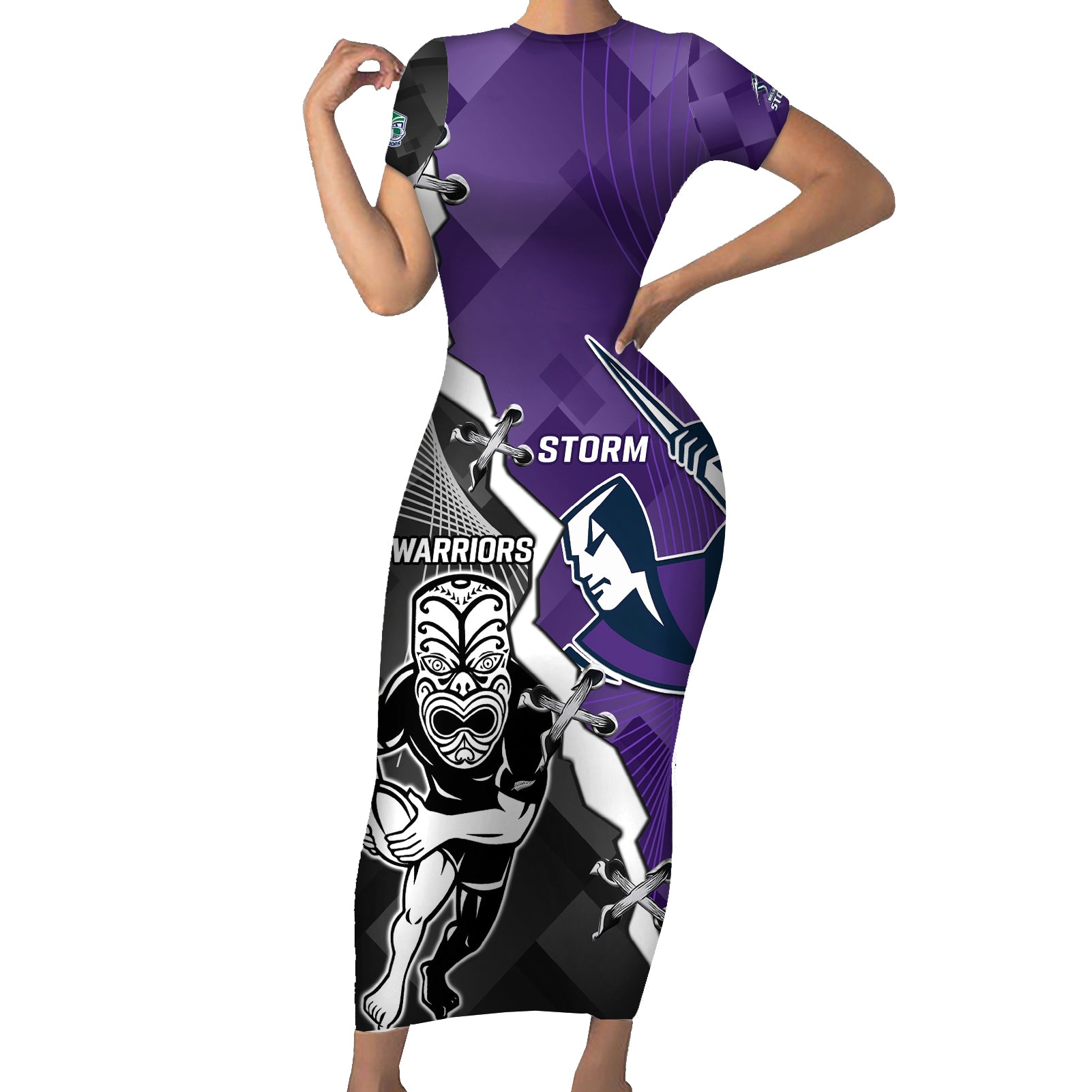 personalised-storm-and-warriors-rugby-short-sleeve-bodycon-dress-2023-sporty-style