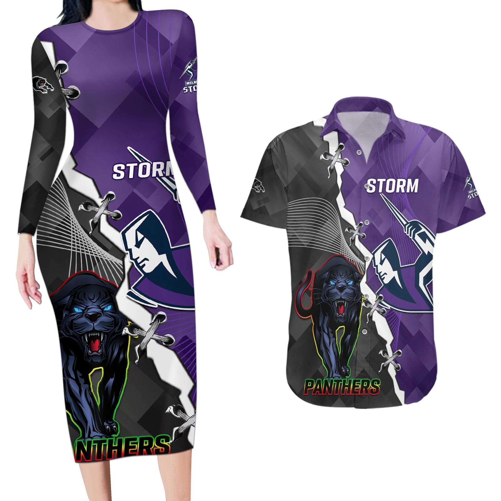 personalised-storm-and-panthers-rugby-couples-matching-long-sleeve-bodycon-dress-and-hawaiian-shirt-2023-sporty-style