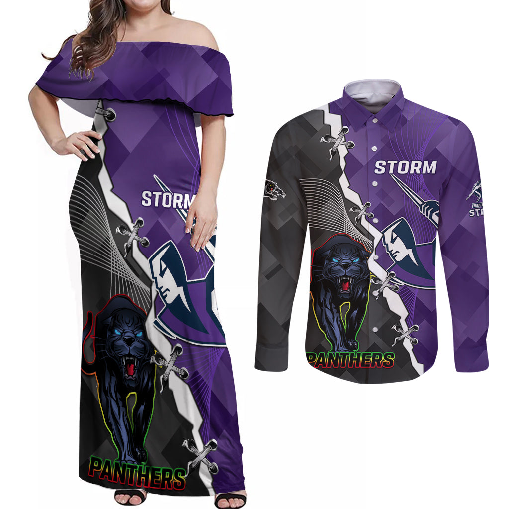 personalised-storm-and-panthers-rugby-couples-matching-off-shoulder-maxi-dress-and-long-sleeve-button-shirts-2023-sporty-style