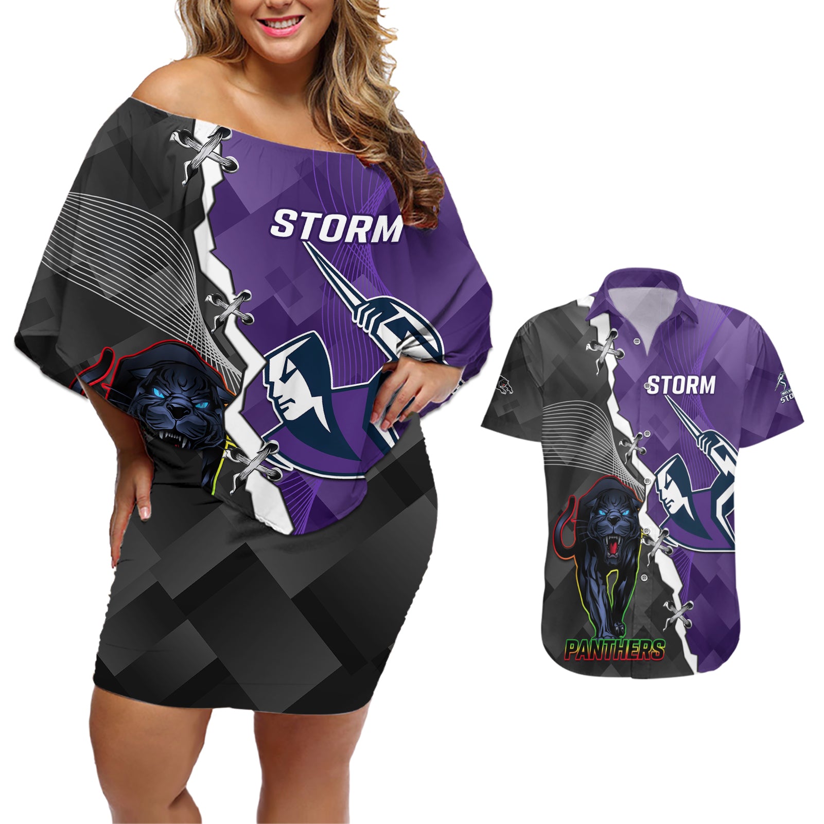 personalised-storm-and-panthers-rugby-couples-matching-off-shoulder-short-dress-and-hawaiian-shirt-2023-sporty-style