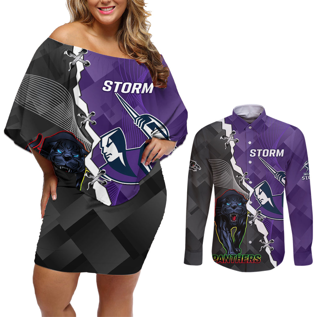 personalised-storm-and-panthers-rugby-couples-matching-off-shoulder-short-dress-and-long-sleeve-button-shirts-2023-sporty-style