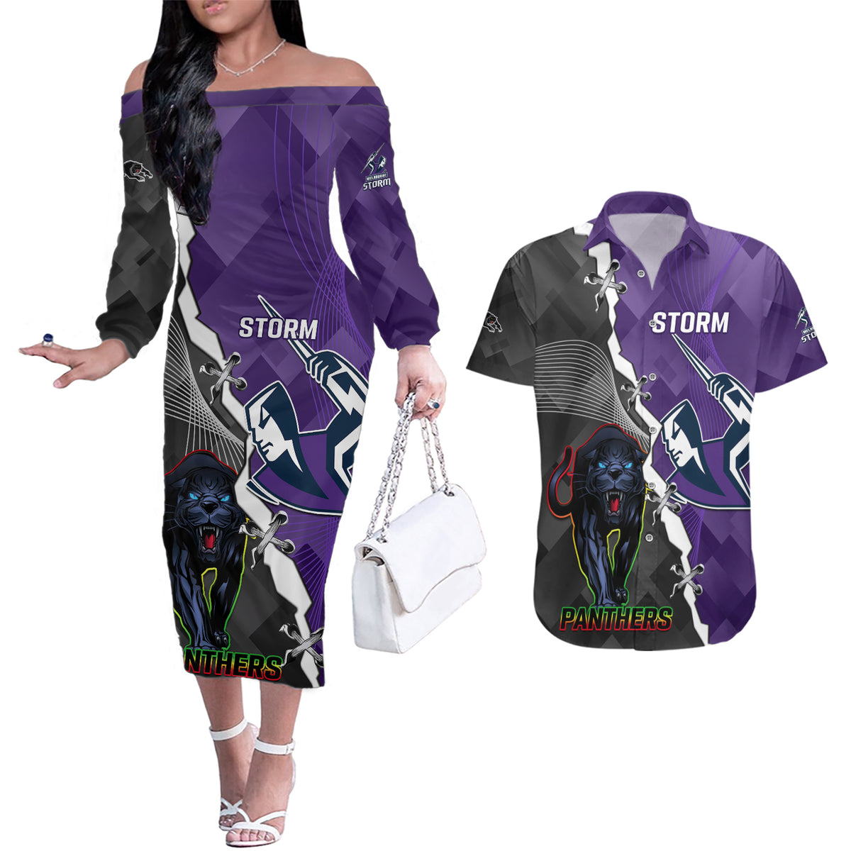 personalised-storm-and-panthers-rugby-couples-matching-off-the-shoulder-long-sleeve-dress-and-hawaiian-shirt-2023-sporty-style