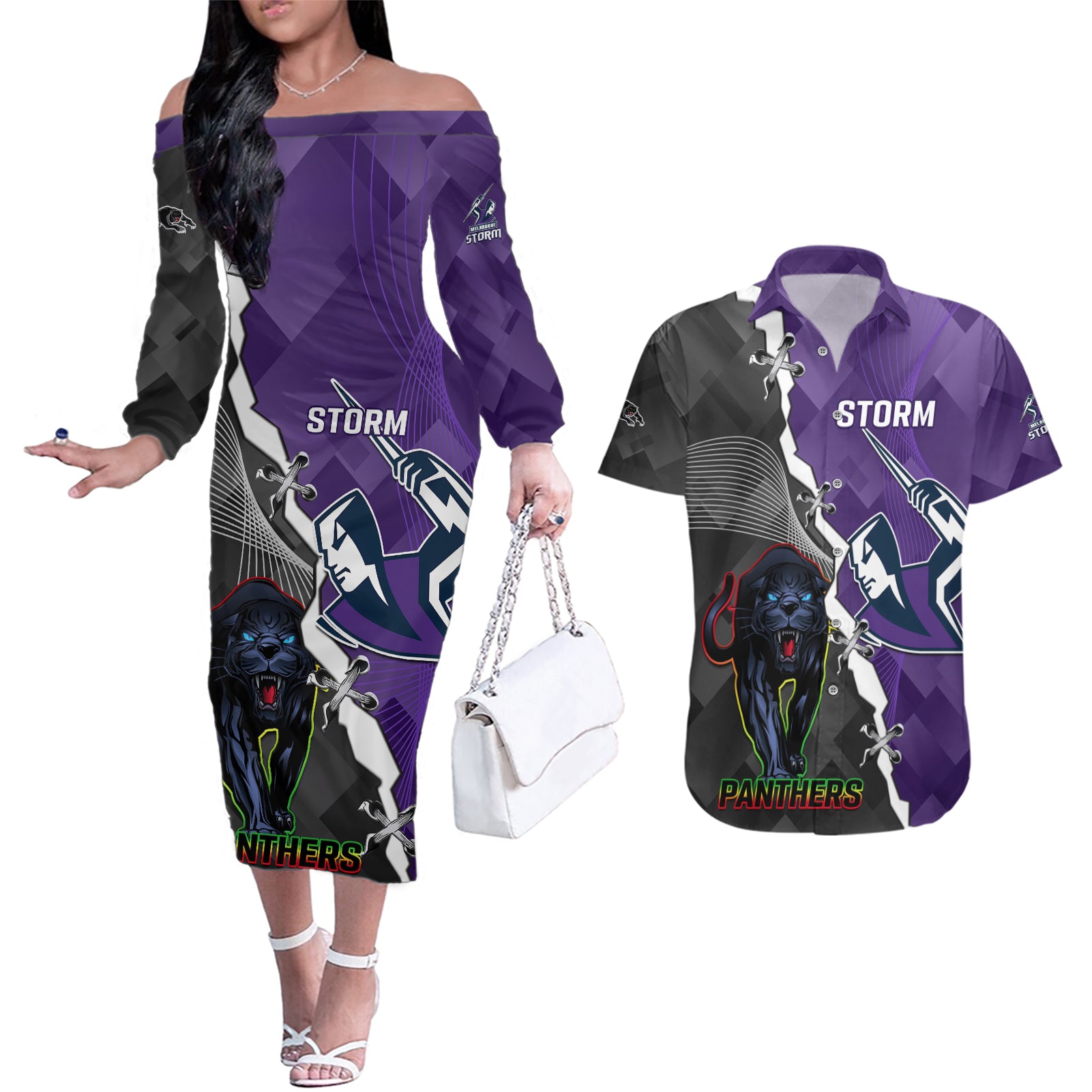 personalised-storm-and-panthers-rugby-couples-matching-off-the-shoulder-long-sleeve-dress-and-hawaiian-shirt-2023-sporty-style