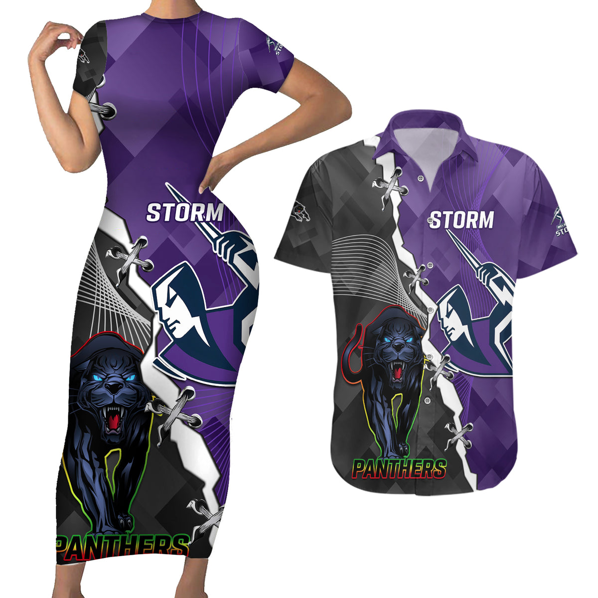 personalised-storm-and-panthers-rugby-couples-matching-short-sleeve-bodycon-dress-and-hawaiian-shirt-2023-sporty-style