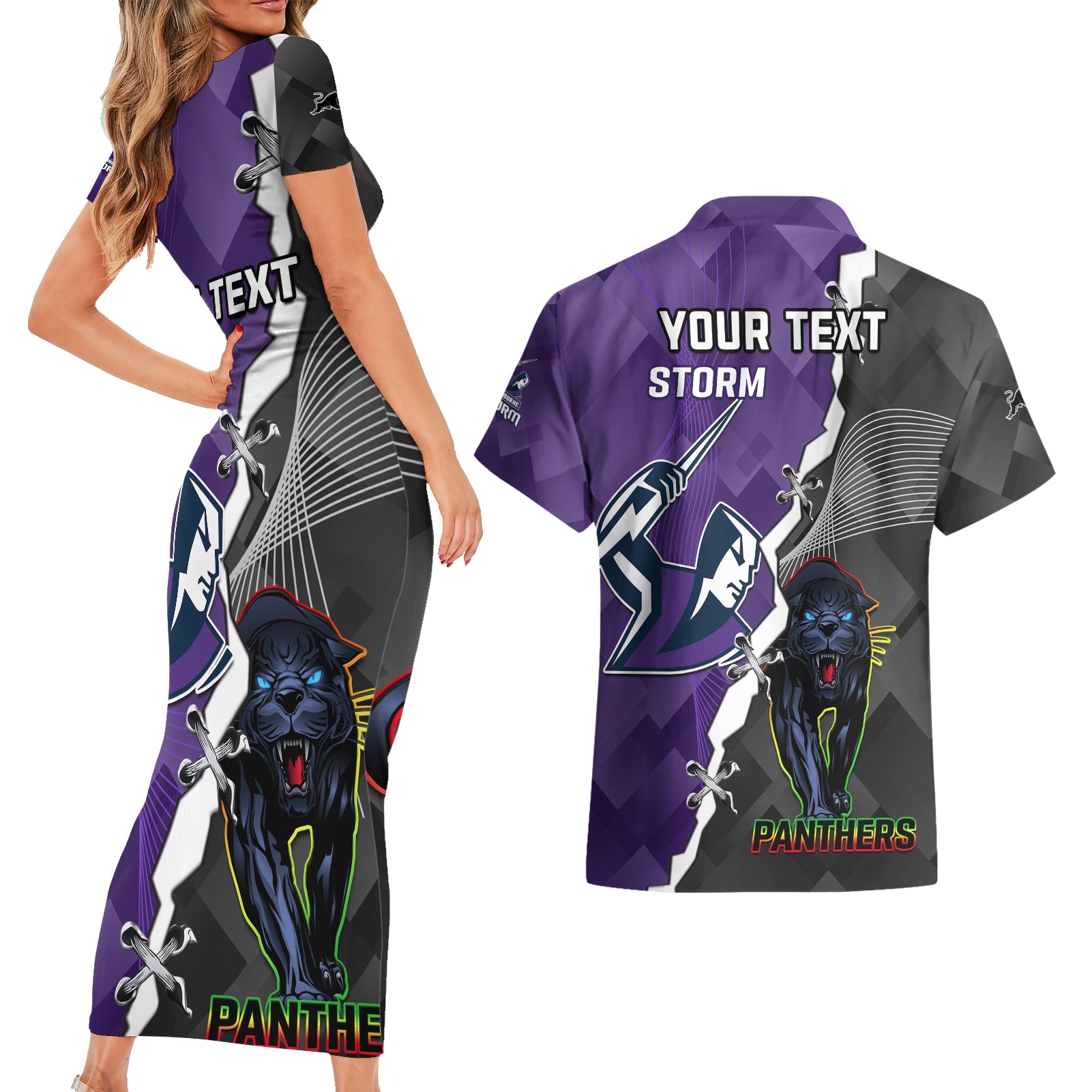 personalised-storm-and-panthers-rugby-couples-matching-short-sleeve-bodycon-dress-and-hawaiian-shirt-2023-sporty-style