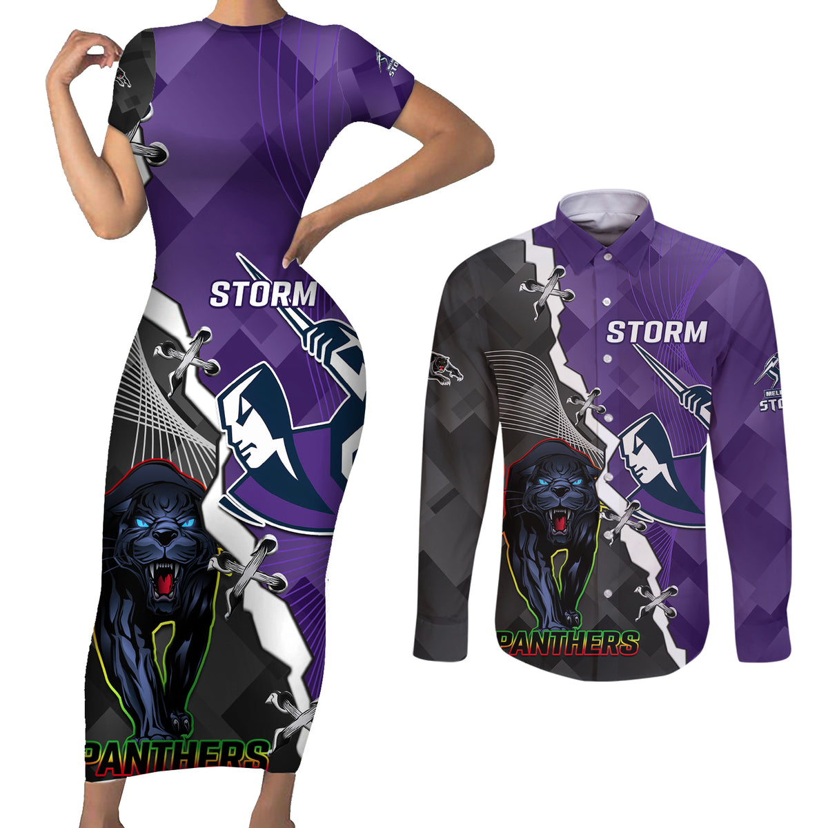 personalised-storm-and-panthers-rugby-couples-matching-short-sleeve-bodycon-dress-and-long-sleeve-button-shirts-2023-sporty-style