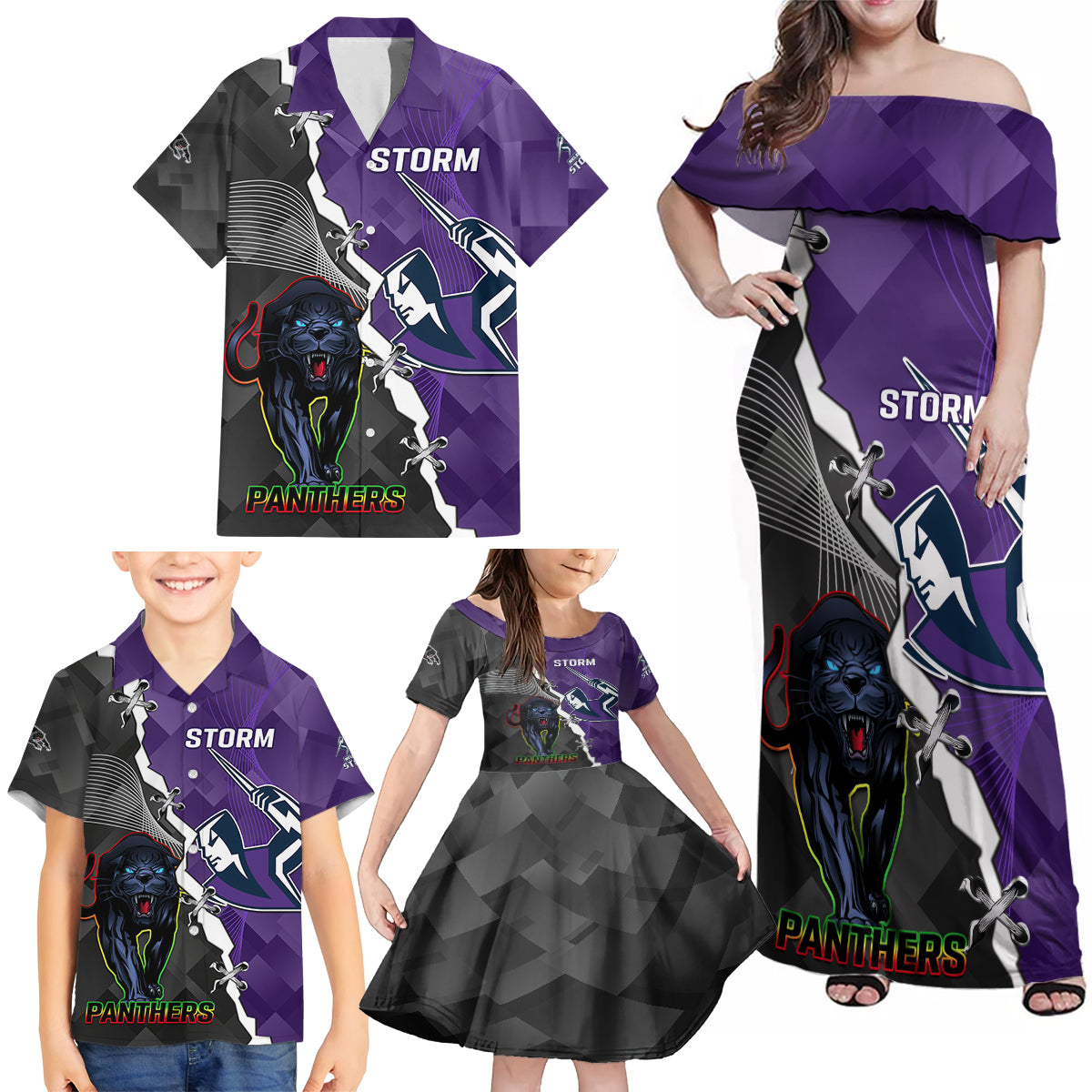 personalised-storm-and-panthers-rugby-family-matching-off-shoulder-maxi-dress-and-hawaiian-shirt-2023-sporty-style