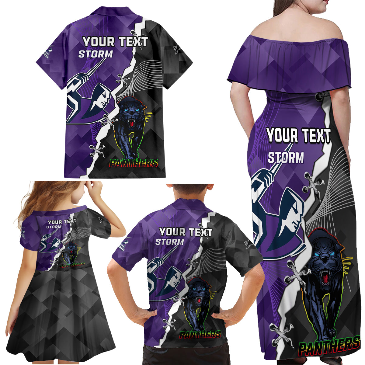 personalised-storm-and-panthers-rugby-family-matching-off-shoulder-maxi-dress-and-hawaiian-shirt-2023-sporty-style
