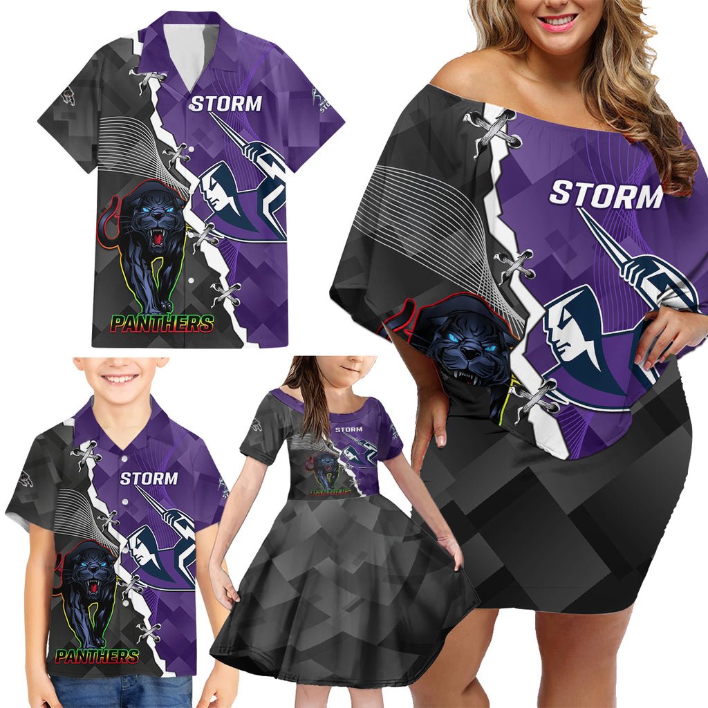 personalised-storm-and-panthers-rugby-family-matching-off-shoulder-short-dress-and-hawaiian-shirt-2023-sporty-style