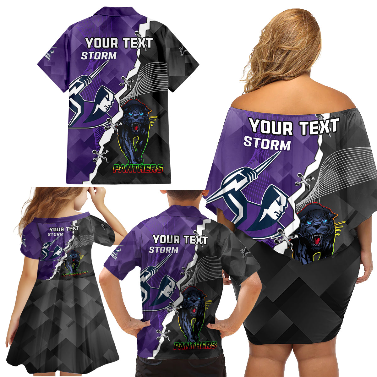 personalised-storm-and-panthers-rugby-family-matching-off-shoulder-short-dress-and-hawaiian-shirt-2023-sporty-style