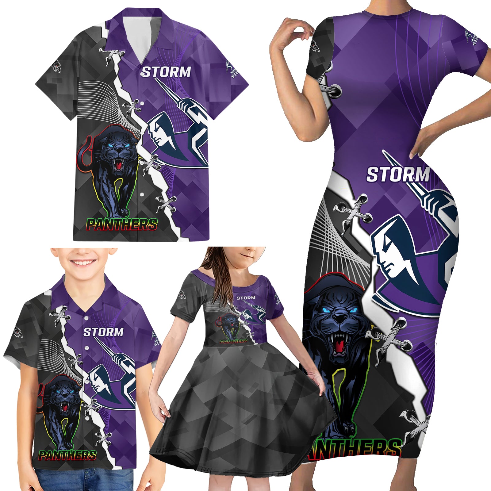 personalised-storm-and-panthers-rugby-family-matching-short-sleeve-bodycon-dress-and-hawaiian-shirt-2023-sporty-style