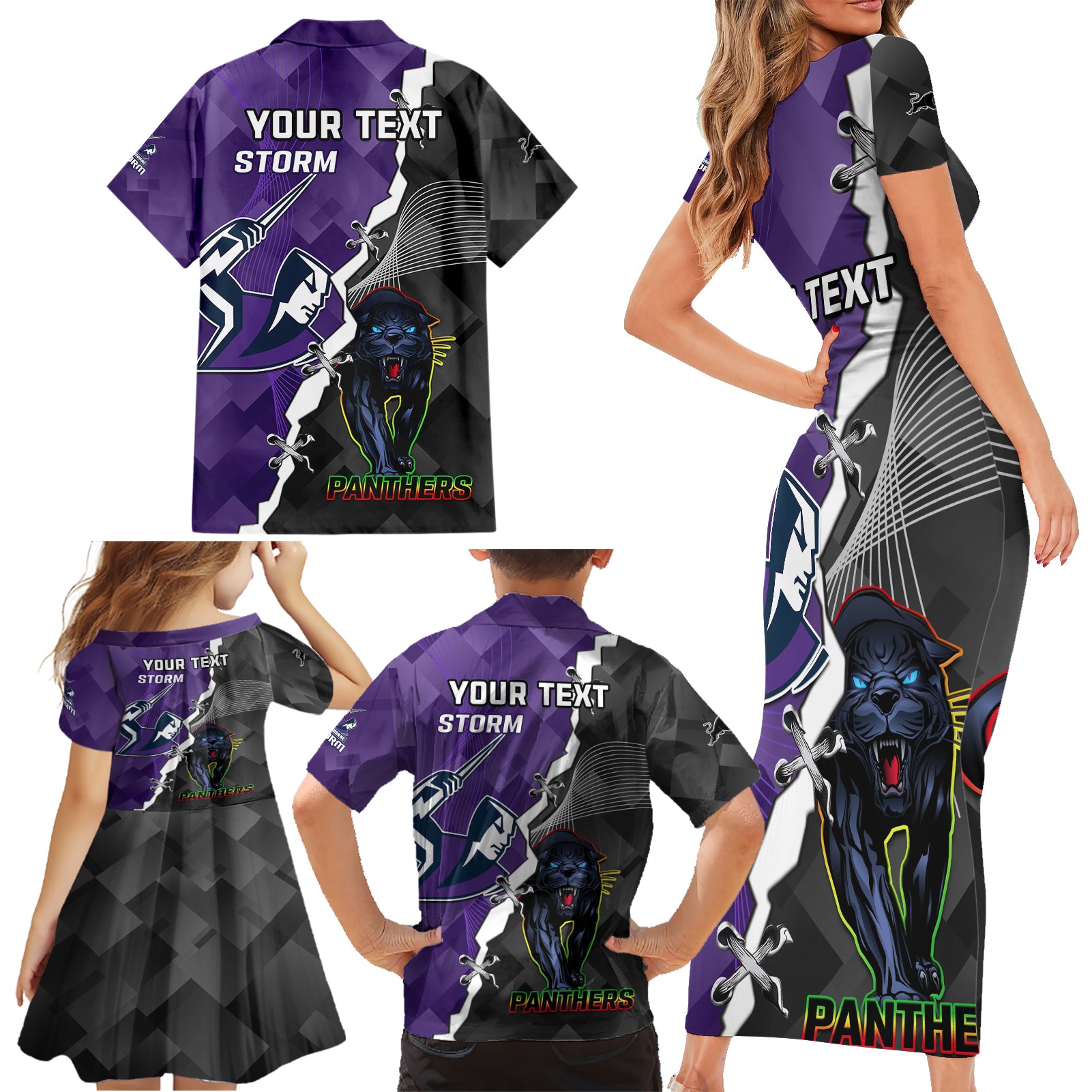 personalised-storm-and-panthers-rugby-family-matching-short-sleeve-bodycon-dress-and-hawaiian-shirt-2023-sporty-style