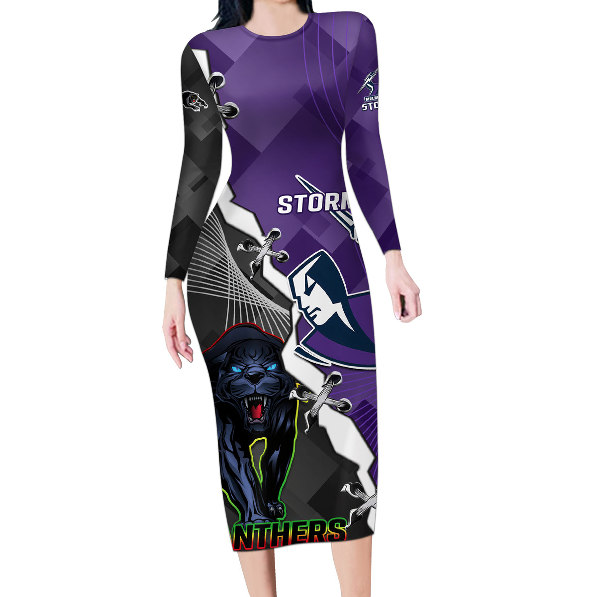 personalised-storm-and-panthers-rugby-long-sleeve-bodycon-dress-2023-sporty-style