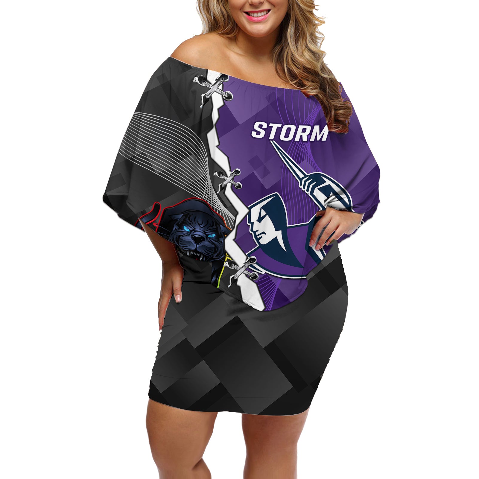 personalised-storm-and-panthers-rugby-off-shoulder-short-dress-2023-sporty-style