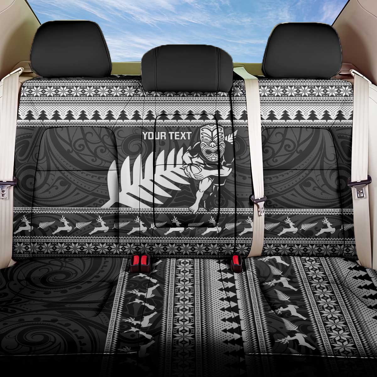 New Zealand Christmas Rugby Personalised Back Car Seat Cover Meri Kirihimete All Black Maori - Aussie Hoodie