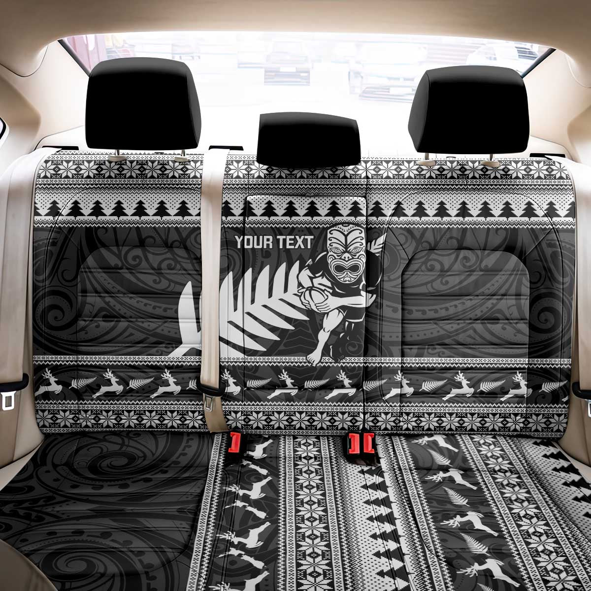 New Zealand Christmas Rugby Personalised Back Car Seat Cover Meri Kirihimete All Black Maori - Aussie Hoodie