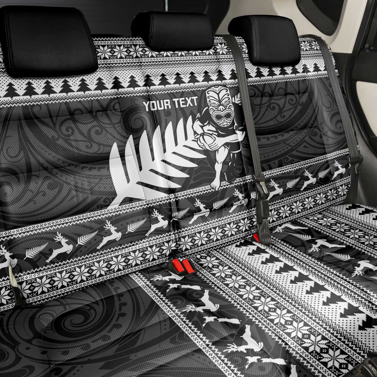 New Zealand Christmas Rugby Personalised Back Car Seat Cover Meri Kirihimete All Black Maori - Aussie Hoodie