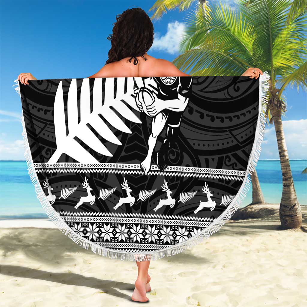 New Zealand Christmas Rugby Personalised Beach Blanket Meri Kirihimete All Black Maori - Aussie Hoodie