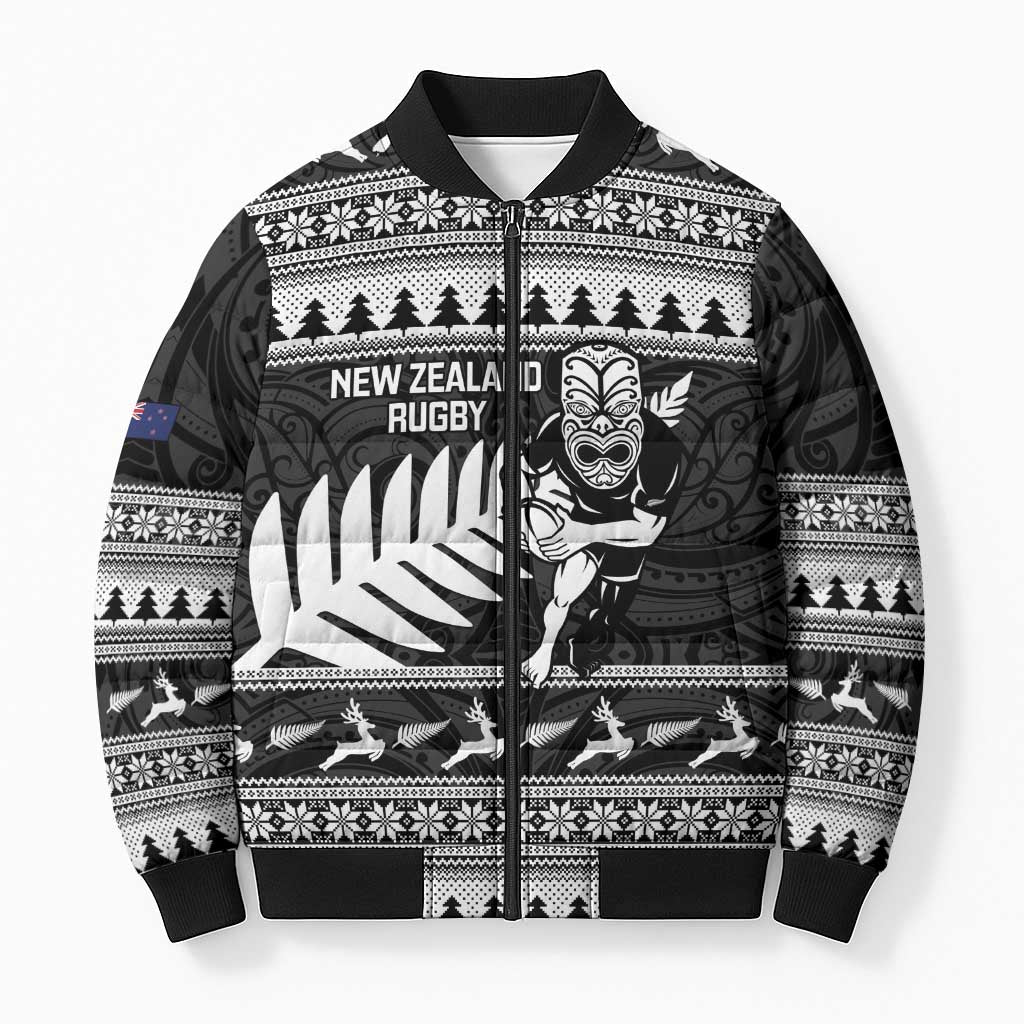 New Zealand Christmas Rugby Personalised Bomber Puffer Jacket Meri Kirihimete All Black Maori - Aussie Hoodie