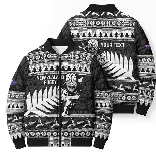 New Zealand Christmas Rugby Personalised Bomber Puffer Jacket Meri Kirihimete All Black Maori - Aussie Hoodie