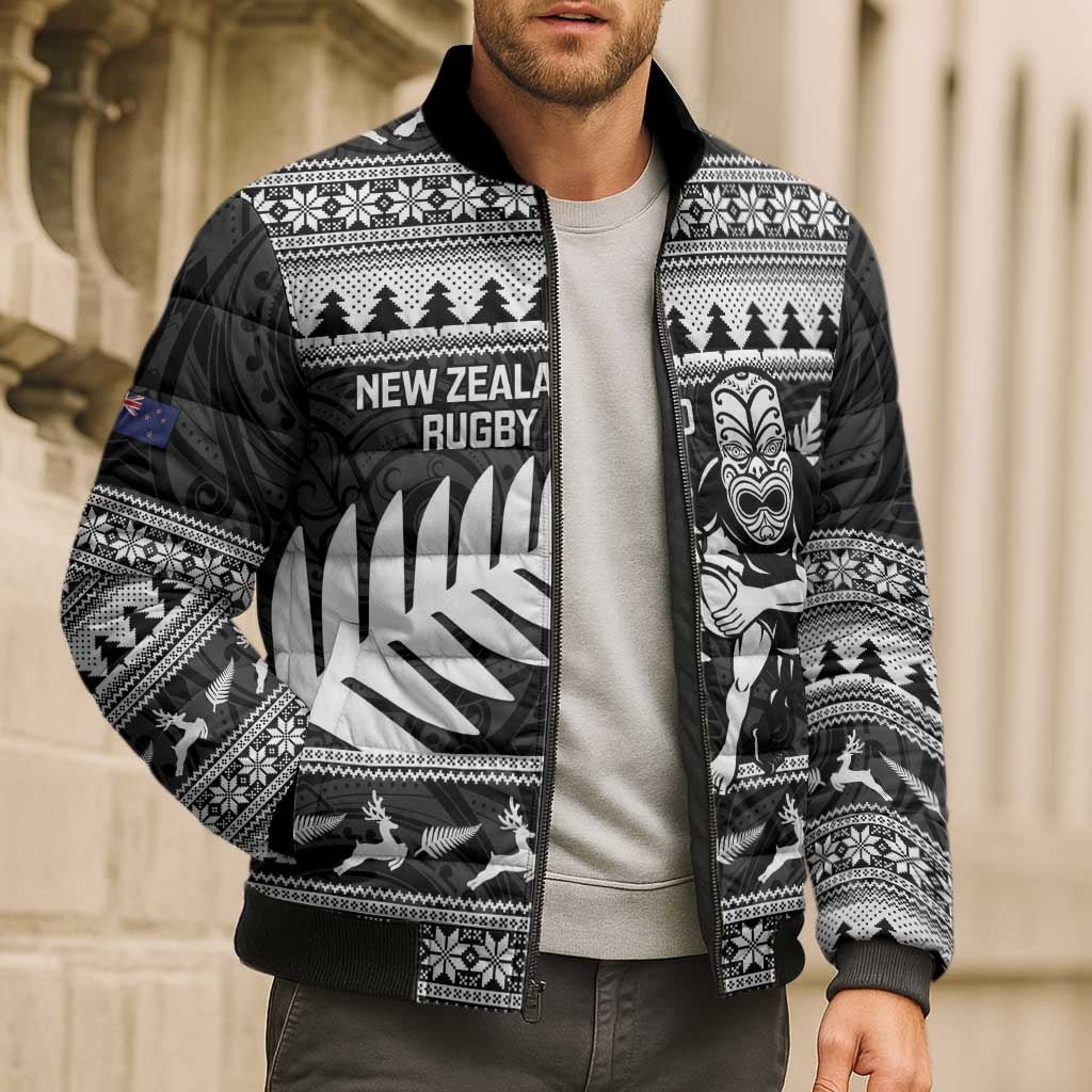New Zealand Christmas Rugby Personalised Bomber Puffer Jacket Meri Kirihimete All Black Maori - Aussie Hoodie