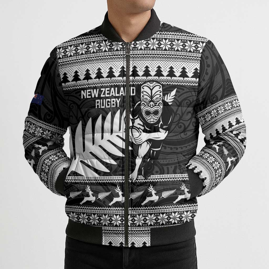 New Zealand Christmas Rugby Personalised Bomber Puffer Jacket Meri Kirihimete All Black Maori - Aussie Hoodie