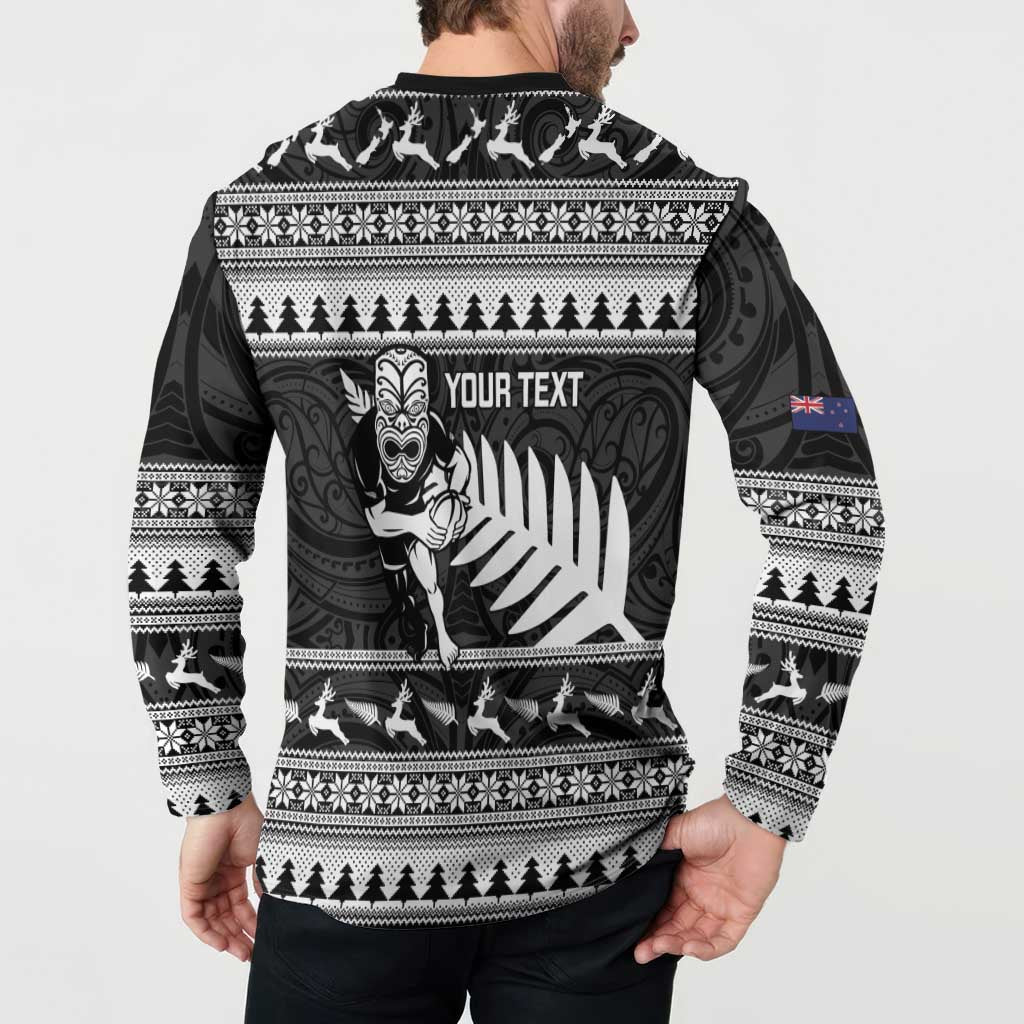 New Zealand Christmas Rugby Personalised Button Sweatshirt Meri Kirihimete All Black Maori - Aussie Hoodie