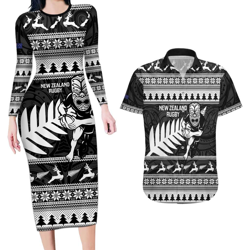 New Zealand Christmas Rugby Personalised Couples Matching Long Sleeve Bodycon Dress and Hawaiian Shirt Meri Kirihimete All Black Maori - Aussie Hoodie