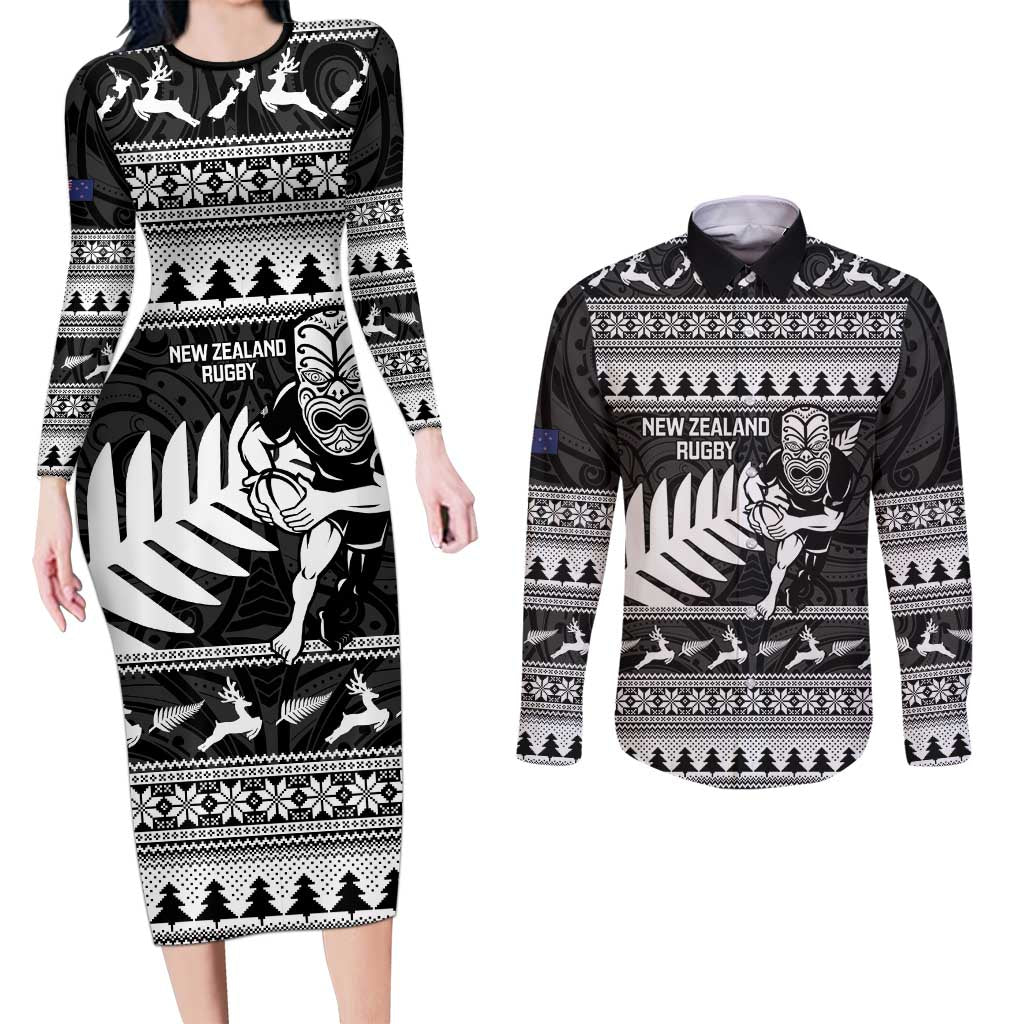 New Zealand Christmas Rugby Personalised Couples Matching Long Sleeve Bodycon Dress and Long Sleeve Button Shirt Meri Kirihimete All Black Maori - Aussie Hoodie