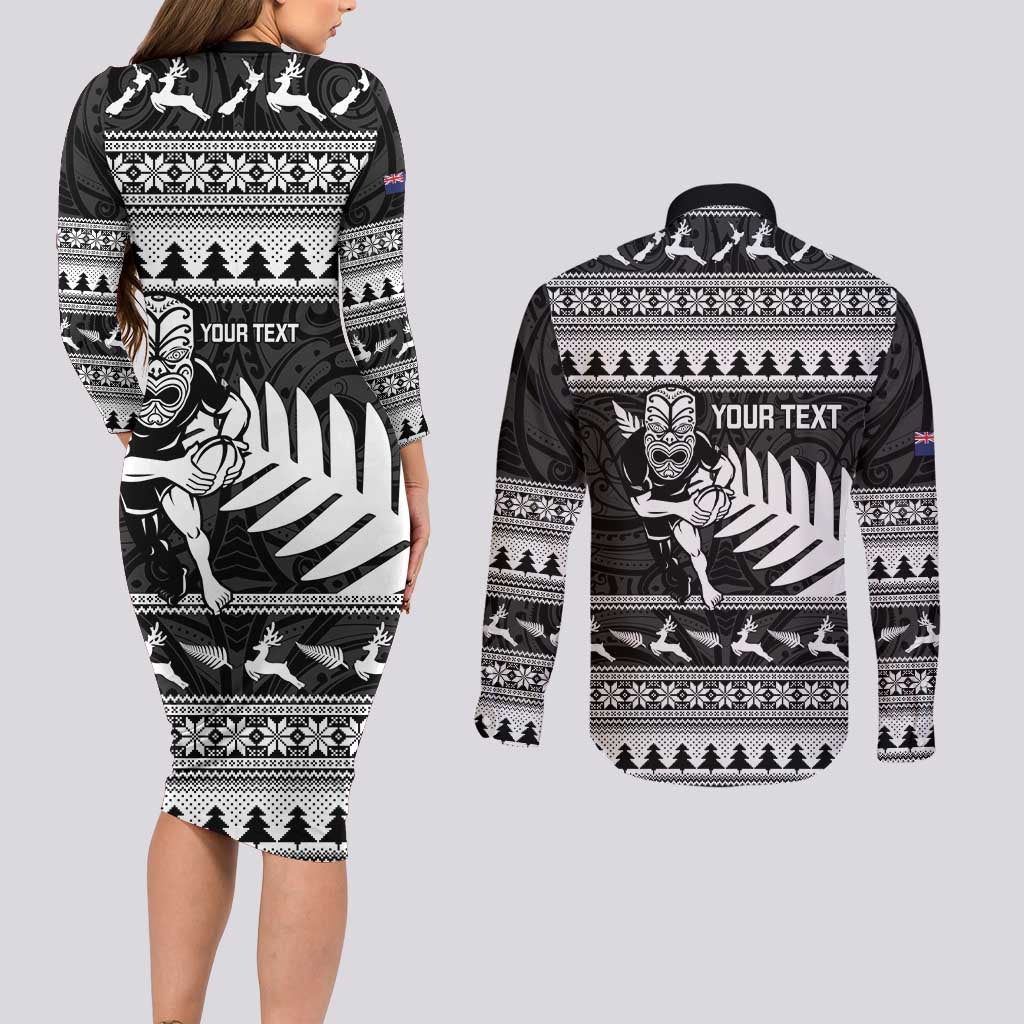 New Zealand Christmas Rugby Personalised Couples Matching Long Sleeve Bodycon Dress and Long Sleeve Button Shirt Meri Kirihimete All Black Maori - Aussie Hoodie
