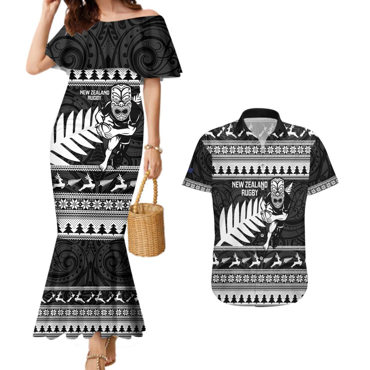 New Zealand Christmas Rugby Personalised Couples Matching Mermaid Dress and Hawaiian Shirt Meri Kirihimete All Black Maori - Aussie Hoodie