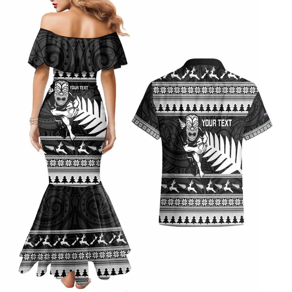 New Zealand Christmas Rugby Personalised Couples Matching Mermaid Dress and Hawaiian Shirt Meri Kirihimete All Black Maori - Aussie Hoodie