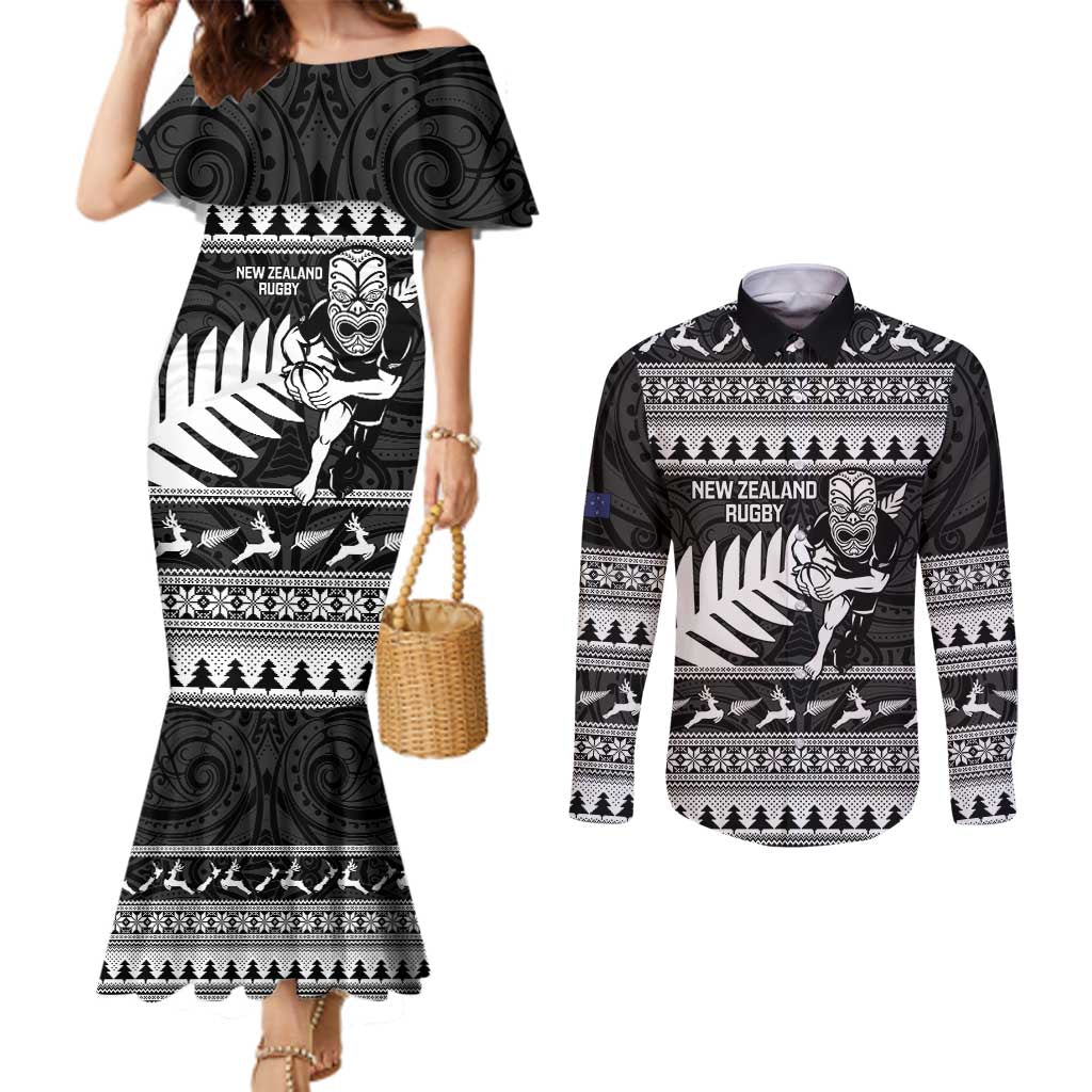 New Zealand Christmas Rugby Personalised Couples Matching Mermaid Dress and Long Sleeve Button Shirt Meri Kirihimete All Black Maori - Aussie Hoodie