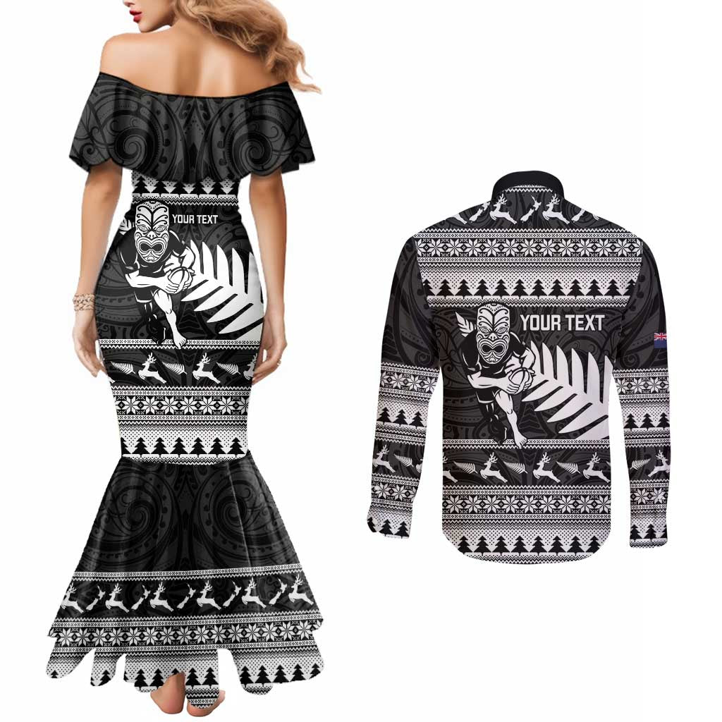 New Zealand Christmas Rugby Personalised Couples Matching Mermaid Dress and Long Sleeve Button Shirt Meri Kirihimete All Black Maori - Aussie Hoodie
