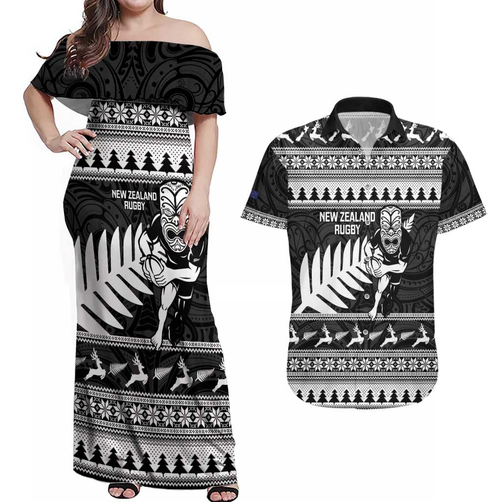 New Zealand Christmas Rugby Personalised Couples Matching Off Shoulder Maxi Dress and Hawaiian Shirt Meri Kirihimete All Black Maori - Aussie Hoodie