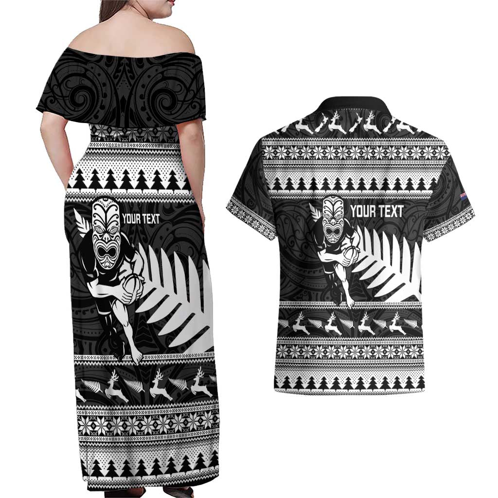 New Zealand Christmas Rugby Personalised Couples Matching Off Shoulder Maxi Dress and Hawaiian Shirt Meri Kirihimete All Black Maori - Aussie Hoodie