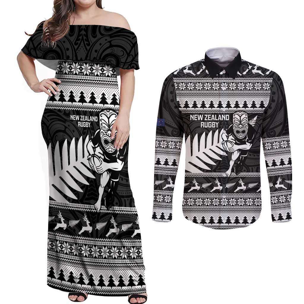 New Zealand Christmas Rugby Personalised Couples Matching Off Shoulder Maxi Dress and Long Sleeve Button Shirt Meri Kirihimete All Black Maori - Aussie Hoodie