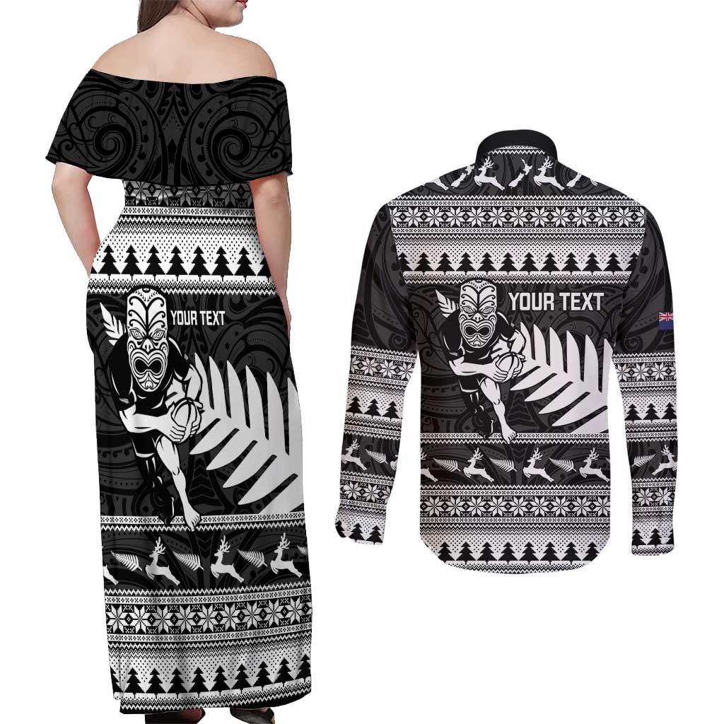 New Zealand Christmas Rugby Personalised Couples Matching Off Shoulder Maxi Dress and Long Sleeve Button Shirt Meri Kirihimete All Black Maori - Aussie Hoodie