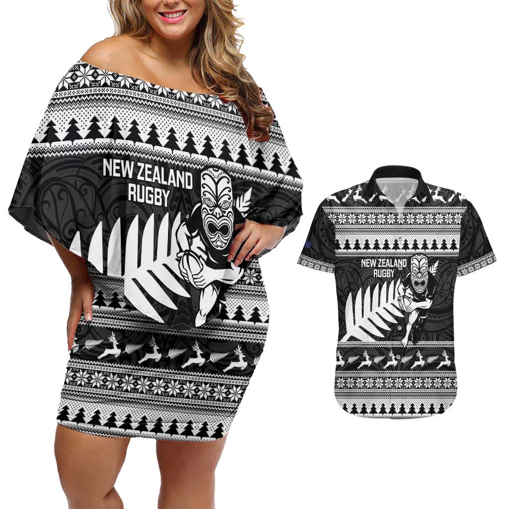 New Zealand Christmas Rugby Personalised Couples Matching Off Shoulder Short Dress and Hawaiian Shirt Meri Kirihimete All Black Maori - Aussie Hoodie