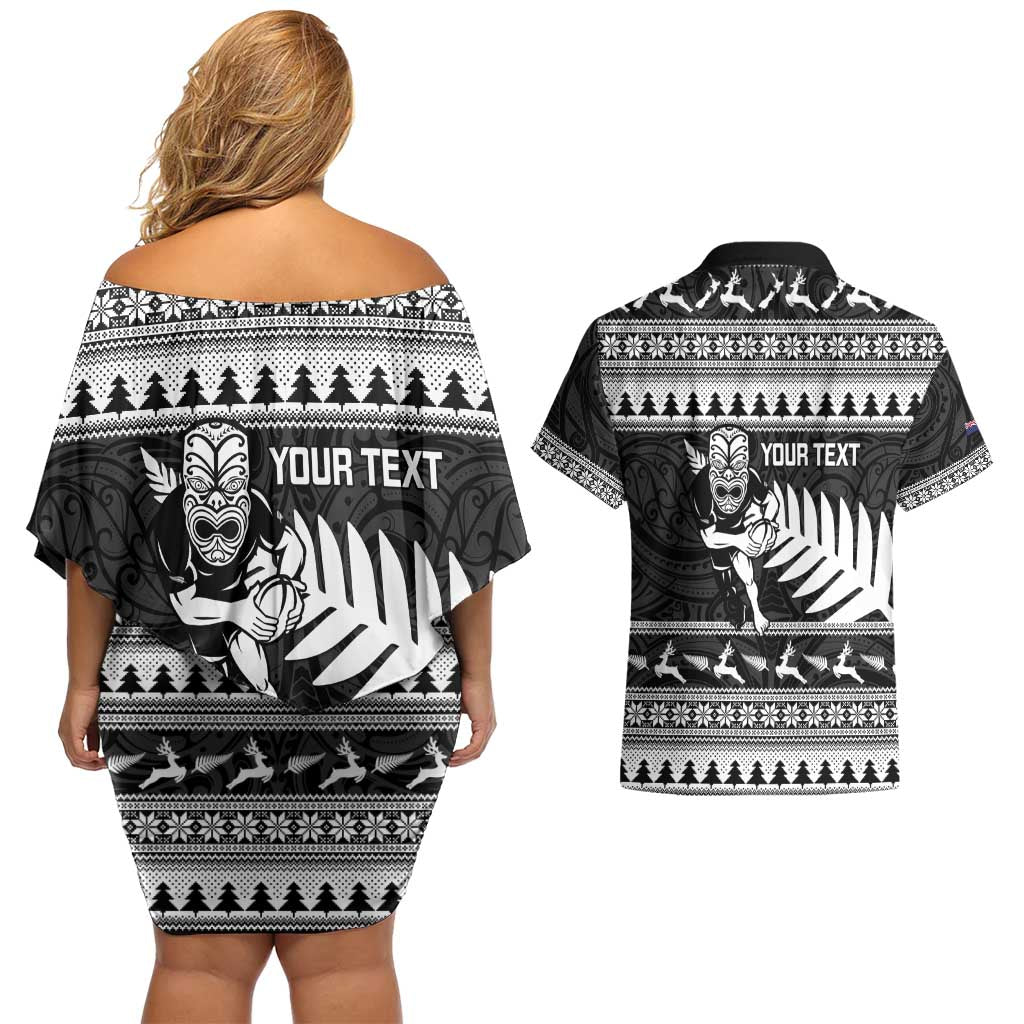 New Zealand Christmas Rugby Personalised Couples Matching Off Shoulder Short Dress and Hawaiian Shirt Meri Kirihimete All Black Maori - Aussie Hoodie