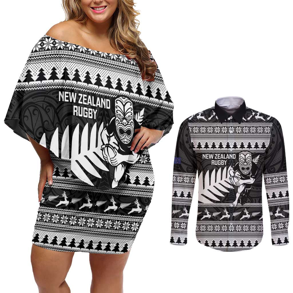 New Zealand Christmas Rugby Personalised Couples Matching Off Shoulder Short Dress and Long Sleeve Button Shirt Meri Kirihimete All Black Maori - Aussie Hoodie