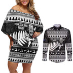 New Zealand Christmas Rugby Personalised Couples Matching Off Shoulder Short Dress and Long Sleeve Button Shirt Meri Kirihimete All Black Maori - Aussie Hoodie