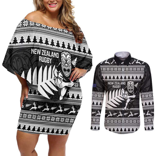New Zealand Christmas Rugby Personalised Couples Matching Off Shoulder Short Dress and Long Sleeve Button Shirt Meri Kirihimete All Black Maori - Aussie Hoodie