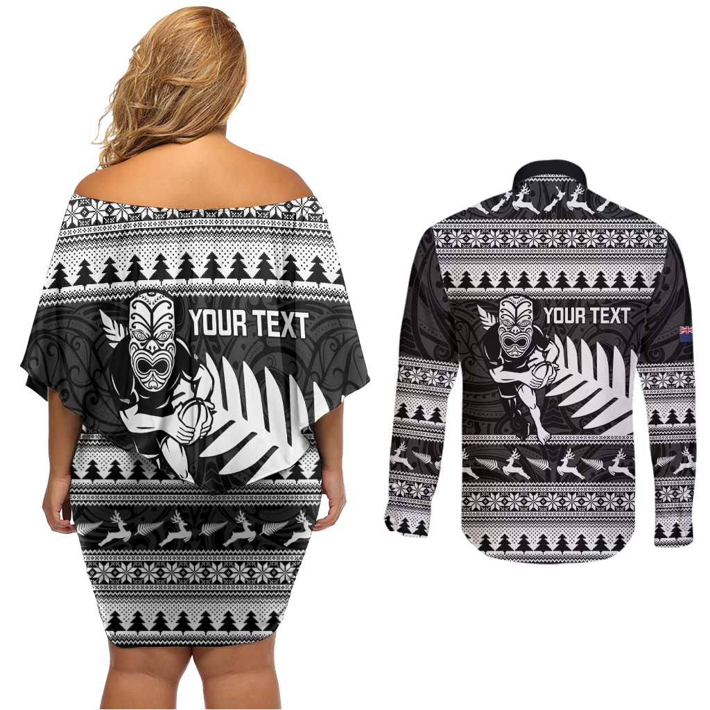 New Zealand Christmas Rugby Personalised Couples Matching Off Shoulder Short Dress and Long Sleeve Button Shirt Meri Kirihimete All Black Maori - Aussie Hoodie