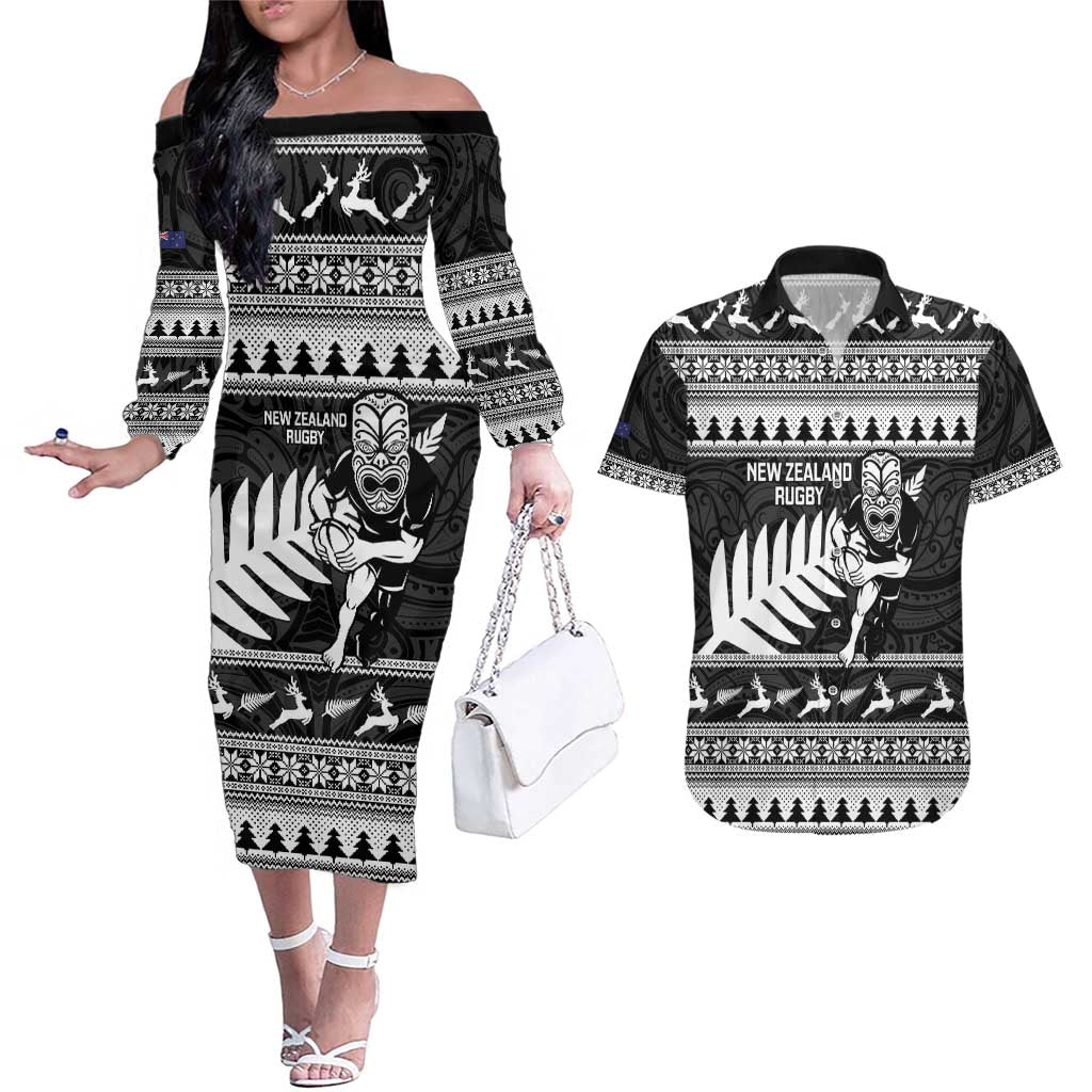 New Zealand Christmas Rugby Personalised Couples Matching Off The Shoulder Long Sleeve Dress and Hawaiian Shirt Meri Kirihimete All Black Maori - Aussie Hoodie