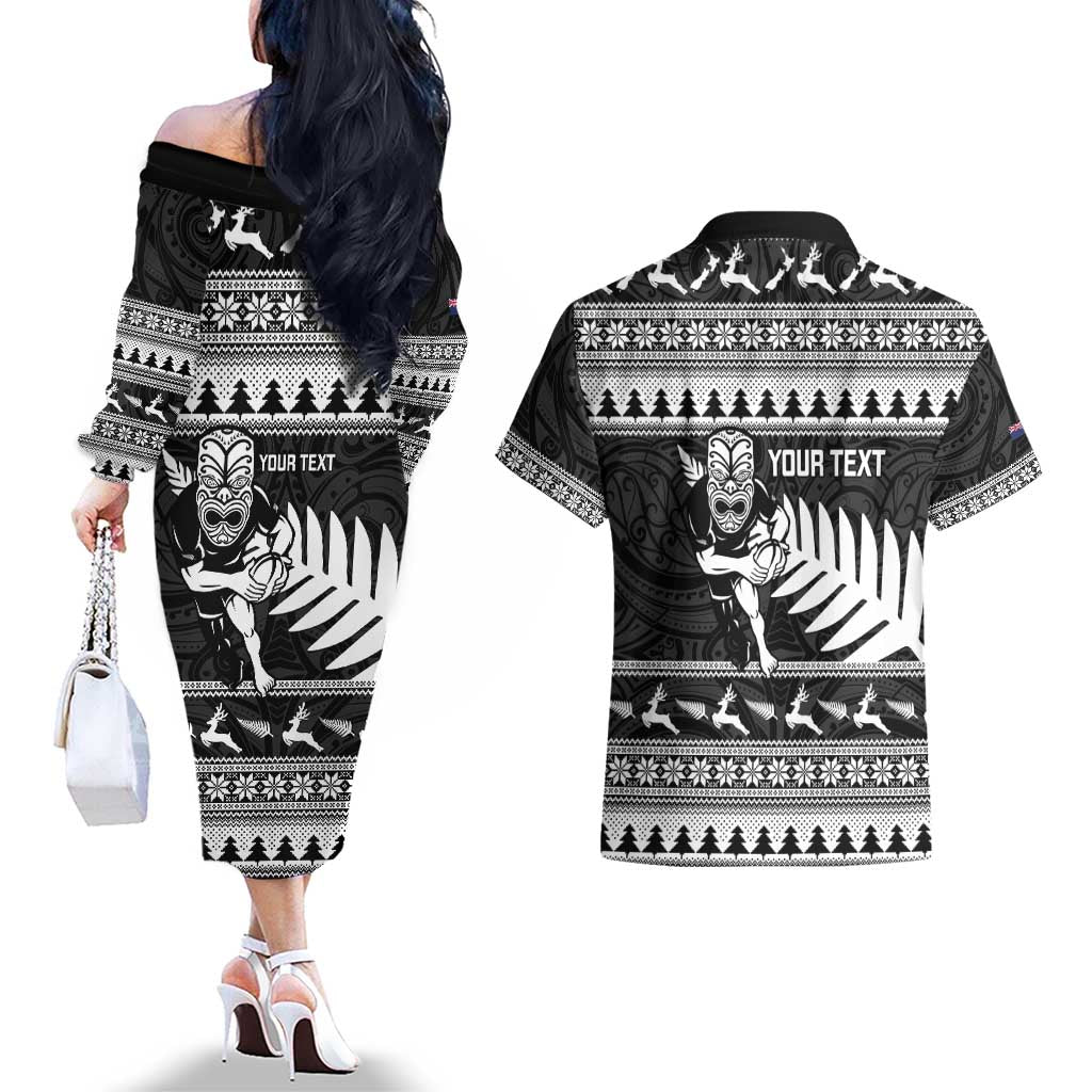 New Zealand Christmas Rugby Personalised Couples Matching Off The Shoulder Long Sleeve Dress and Hawaiian Shirt Meri Kirihimete All Black Maori - Aussie Hoodie