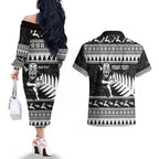 New Zealand Christmas Rugby Personalised Couples Matching Off The Shoulder Long Sleeve Dress and Hawaiian Shirt Meri Kirihimete All Black Maori - Aussie Hoodie
