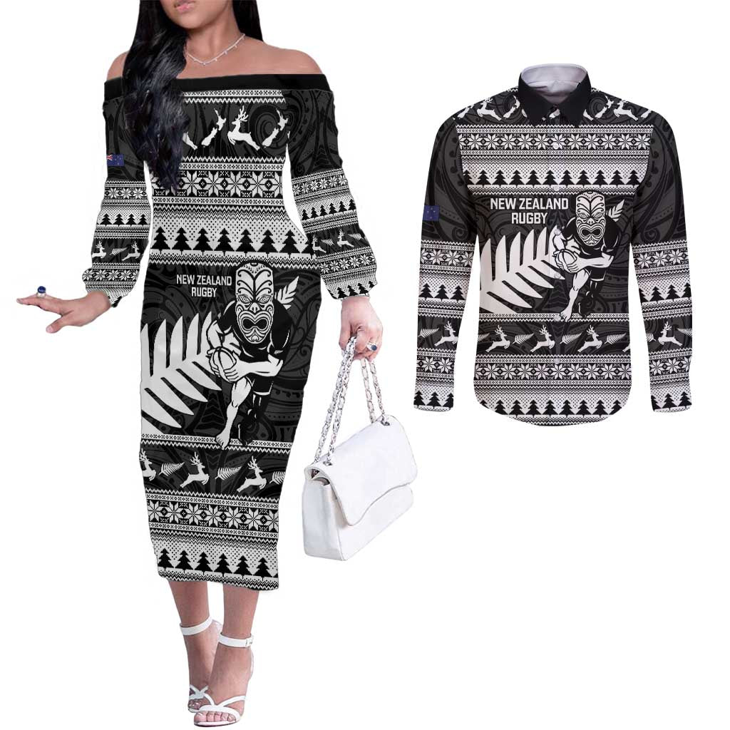 New Zealand Christmas Rugby Personalised Couples Matching Off The Shoulder Long Sleeve Dress and Long Sleeve Button Shirt Meri Kirihimete All Black Maori - Aussie Hoodie